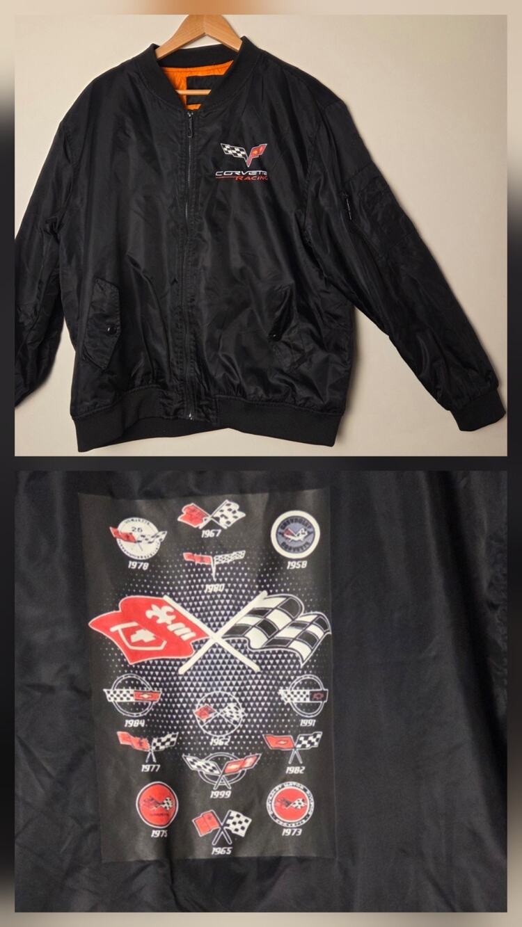Vtg Corvette Racing Jacket Mens 2XL Black Nylon Bomber Orange Liner Logos 53-99